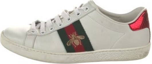 Gucci Leather Low Top Sneakers White Printed Web Accent & Bee Accent Round-Toes with Embroidered Accent Lace-Up Closure at Uppers Designer