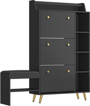 57" Modern Narrow Hidden Shoe Storage Cabinet Organizer With Bench For Entryway With 3 Flip Drawer