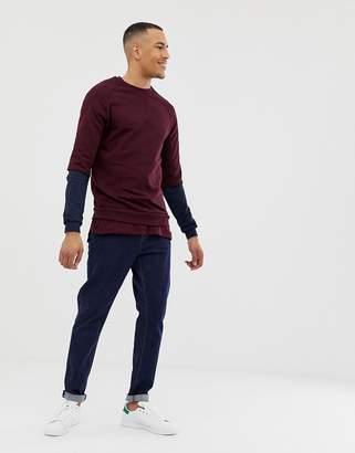ASOS DESIGN Tall Sweatshirt With Hem Extender And Contrast Sleeves In Burgundy