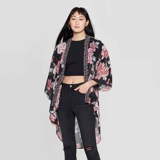 Xhilaration Women's Floral Print 3/4 Sleeve Midi Length Kimono Jacket - XhilarationTM Black