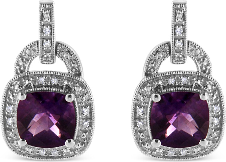 Haus of Brilliance .925 Sterling Silver 8MM Natural Cushion Shaped Amethyst and Diamond Accent Halo with Push Back Dangle Earrings