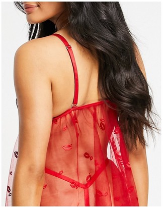 ASOS DESIGN Eloise embroidered lips babydoll and thong in red