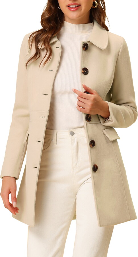 Unique Bargains Women’s Peter Pan Collar Single Breasted Mid Length Outerwear Coats L Beige
