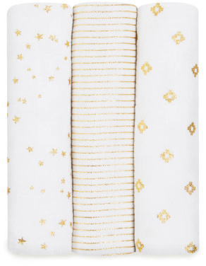 Aden Anais aden + anais Gold Printed White Swaddling Blanket - Pack of 3