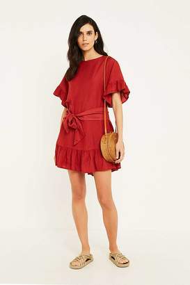 Urban Outfitters Suddenly Spring Red Linen Ruffle Tie Dress