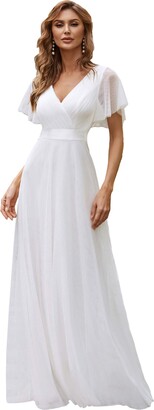 Ever-Pretty Women's V Neck Floor Length A Line Empire Wasit Short Sleeve Tulle Long Bridesmaid Dresses White 10UK