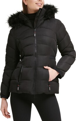 GUESS Women's Faux-Fur-Trim Hooded Puffer Coat