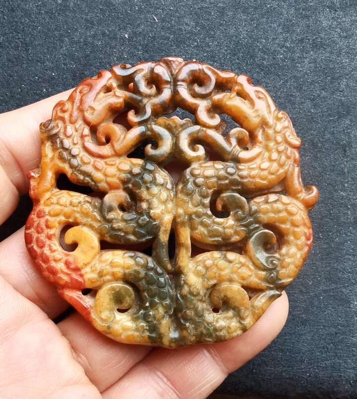 Etsy Dragon Flower Carving Rainbow Jade Stone Pendant, Double Face Jade, Good Lucky, Circle Amulet Mythical Animal For Making Hand Necklace Jewelry
