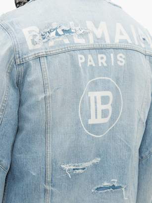 Balmain Logo-print Distressed Denim Jacket - Mens - Blue