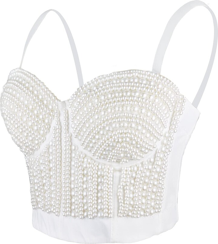 ELLACCI Woment's Pearls Beaded Bustier Crop Top Club Party Sexy