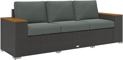 Ebern Designs 3-Seat Outdoor Patio Sofa with Cushions PE Rattan Wicker Sofa with Wood Grain Wide Armrests Outdoor Wicker Couch for Porch Garden Sunroom Poolsid