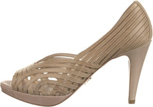 Prada Leather D'Orsay Pumps Neutrals Peep-Toes Platform Multistrap Designer