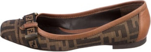 Fendi Flats Brown Printed Zucca FF Logo Semi-Pointed Toes with Leather Trim Embellishment Buckle Closure At Uppers Includes Dust Bag