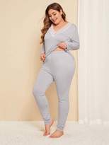 Thumbnail for your product : Shein Plus Lace Trim Long Sleeve Pajama Set