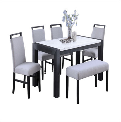 Hokku Designs Modern Style Dining Table 4x Side Chairs Dining Bench White Faux Marble Top Table Bench 4x Chairs Wooden 6pc Dining Set