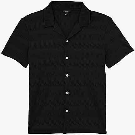 Reiss Mens Black Aleo Textured-Wave Short-Sleeve Stretch-Woven Shirt L
