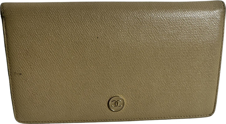 Chanel Wallet Coco Button Long Bi-Fold Beige Light Brown Women's