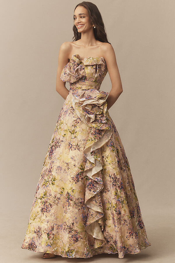 Mac Duggal Strapless Floral Velvet Maxi Dress