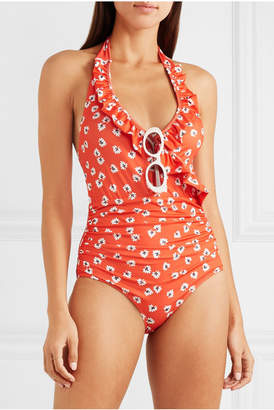 Ganni Floral-print Halterneck Swimsuit - Red
