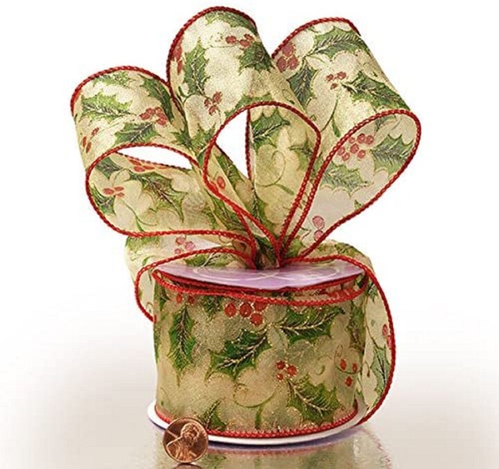 Christmas Holly Sheer Wired Ribbon - 2 1/2 inches Wide x 10 Yards (566302502)