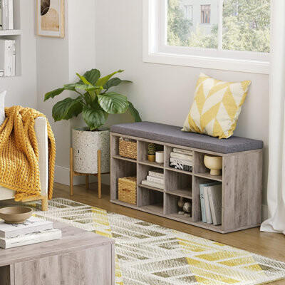 Shoe Storage Bench With Cushion, Cubby Rack With 12 Cubbies, Adjustable Shelves, Multifunctional Organizer Bench For Entryway, Mudroom, Hallway, Close