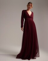 Thumbnail for your product : ASOS DESIGN Bridesmaid long sleeve tulle ruched maxi dress with pleated skirt in oxblood