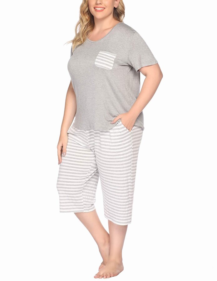 INVOLAND Womens Plus Size Pajama Set Capri Pants Striped Short Sleeve Pj Sets Sleepwear Set with Pockets 