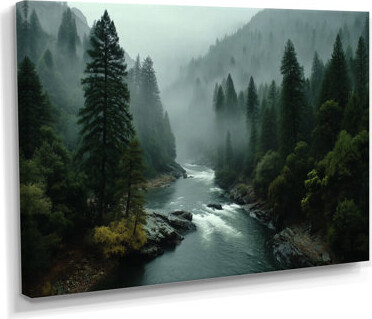 Union Rustic Morning Mist In The Vancouver Mountains - Forest River Mountains Wall Art, Green Landscape Canvas Print