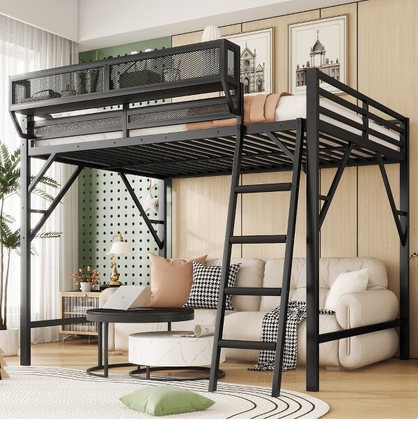 YIDA NATURAL FullSizeMetalLoftBedwithLadderandStorageShelves