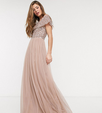 Maya Tall Bridesmaid bardot maxi tulle dress with tonal delicate sequins in taupe blush