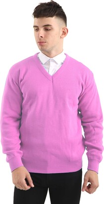 Brooklyn Clothing Mens V Neck Jumpers Soft Feel Acrylic Classic Fit Sweater Long Sleeve Casual Top (Pink
