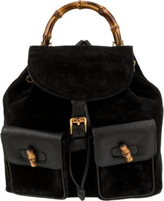 Gucci Backpack Black Suede Gold-Tone Hardware Bamboo Handles & Dual Adjustable Shoulder Straps Leather Trim Embellishment Logo Jacquard Lining Buckle Closure at Front