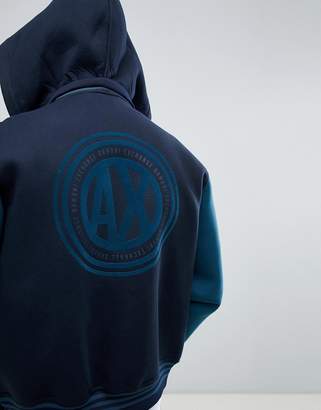 Armani Exchange hooded neoprene varsity jacket in navy/teal