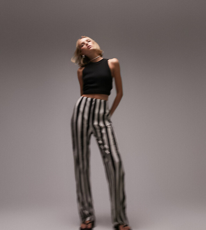 Topshop Petite stripe printed plisse wide leg trouser in monochrome