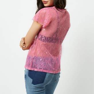 River Island Womens Bright pink lace front ruffle top