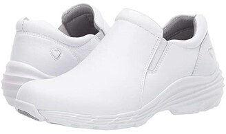 white leather nursing clogs