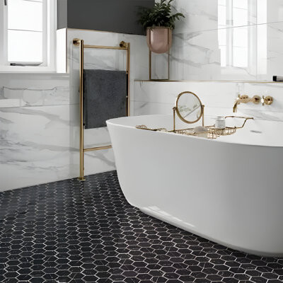 Apollo Tile Aloha 10 X 12 In. Polished Black With White Vein Glass, Recycled Glass Mosaic Hexagon Wall And Floor Tile (8.29 Sq Ft/Case) - 10 Pack