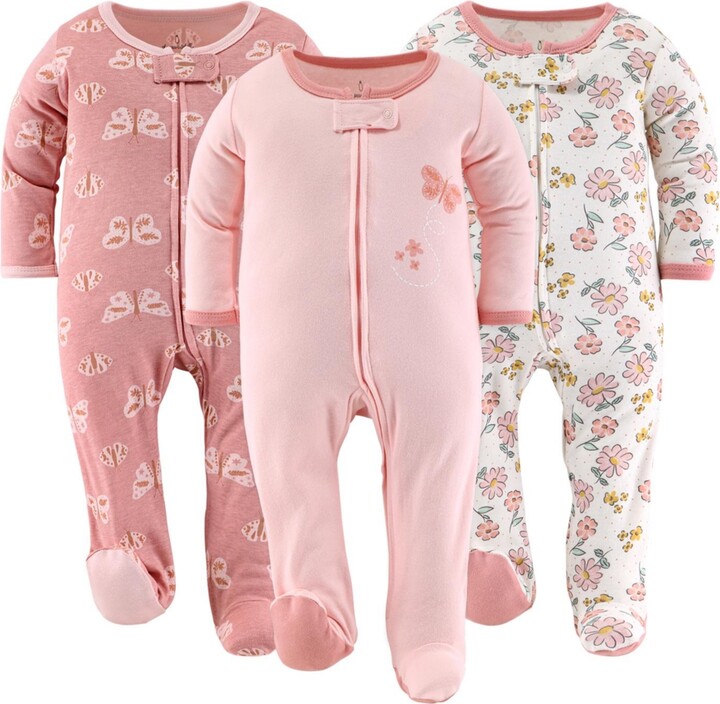 The Peanut Shell The Baby Girls Boho Butterfly Footed Sleepers for Girls, 3 Pack - Coral/pink
