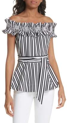 Kate Spade candy stripe off the shoulder ruffle stretch cotton top