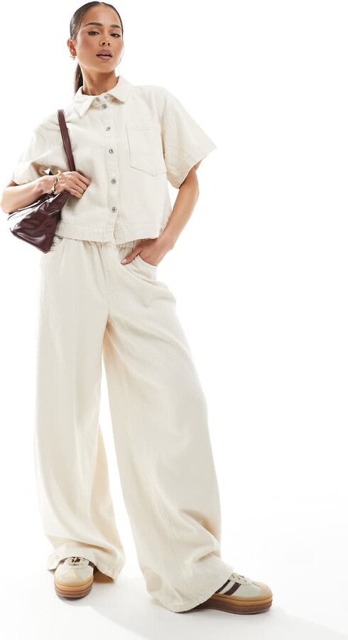 Pieces textured twill wide leg pants in raw cotton cream - part of a set