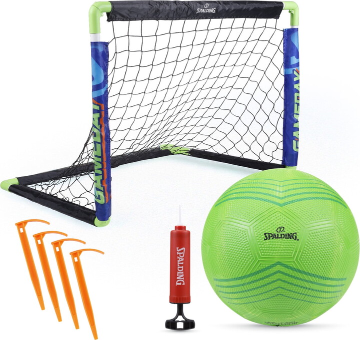 Spalding Soccer Goal Set includes a foldable soccer net with a ball, making it a pop-up goal perfect for practice, games, and outdoor play for kids.