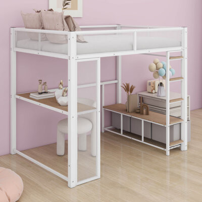 17 Stories Gaming Loft Bed Full Size With Desk And LED Lights, Metal Full Size Loft Bed With Open Wardrobe And 3 Linen Storage Drawers