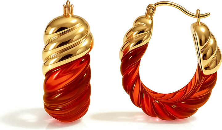 Gold & Honey Gold / Red Ruby Rope Shrimp Lucite Birthstone Hoop Earrings