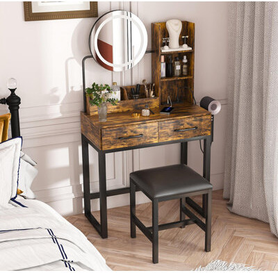 Ivy Bronx Makeup Vanity Table with LED Lights (3 Colors) & Power Outlet - 2 Big Drawers, Sturdy Metal Legs + Metal Chair, Dressing Table for Bedroom/Dressing Ro