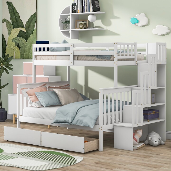GEROJO White Pine Twin Over Full Bunk Bed with Detachable Beds