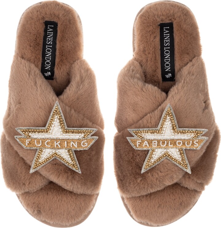 Laines London Brown / Neutrals Classic Laines Slippers With Fucking Fabulous Brooches - Toffee