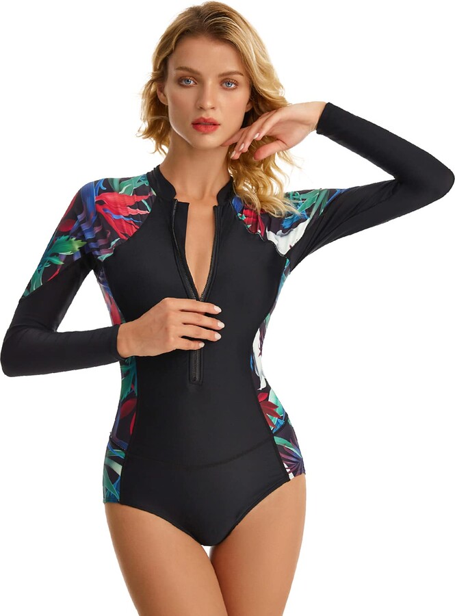 FEOYA Women's Long Sleeve One Piece Swimsuit Push Up Padded Swimming
