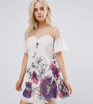 Little Mistress Petite Floral Printed Shift Dress With Fluted Sleeves