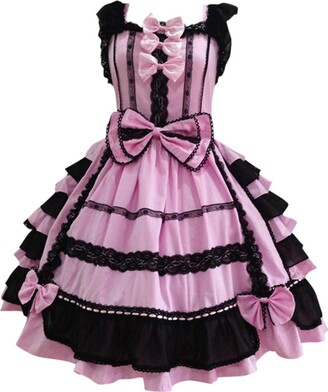 EUCoo Women Lolita Gothic Dress Summer Lolita Lace Dress Teen Girls Soft Cute Ruffles A-Line Princess Party Dresses(Pink M)