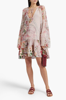 Camilla Crepon-paneled embellished printed silk crepe de chine mini dress